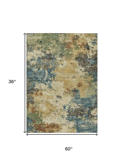 3' X 5' Beige Blue And Gray Abstract Washable Indoor Outdoor Area Rug