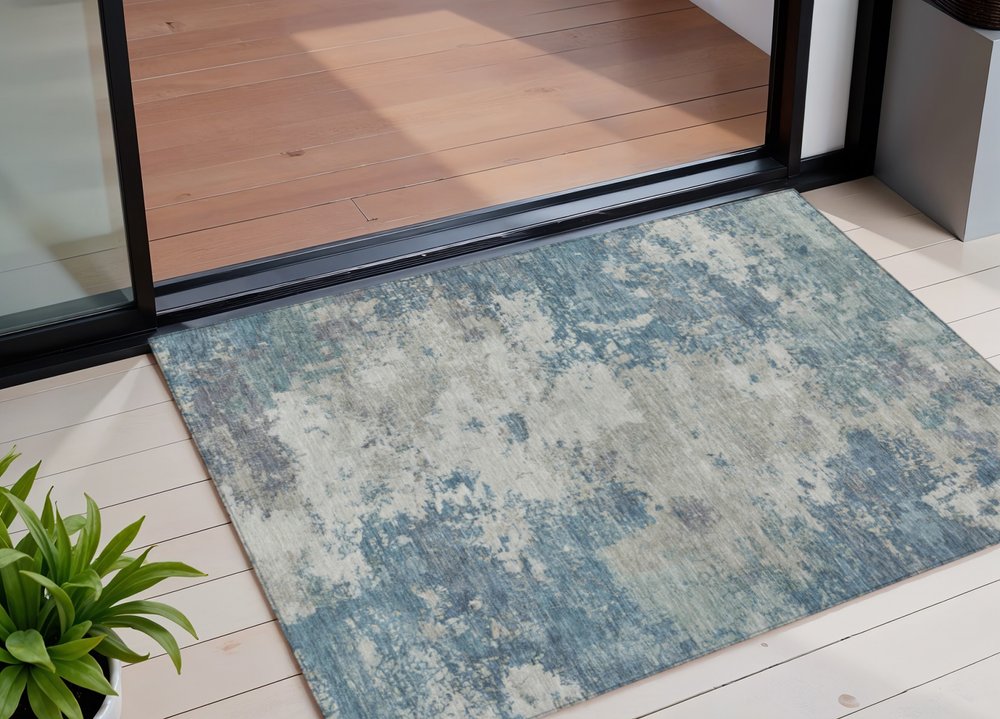 10' X 14' Denim Blue And Gray Abstract Washable Indoor Outdoor Area Rug — view 5
