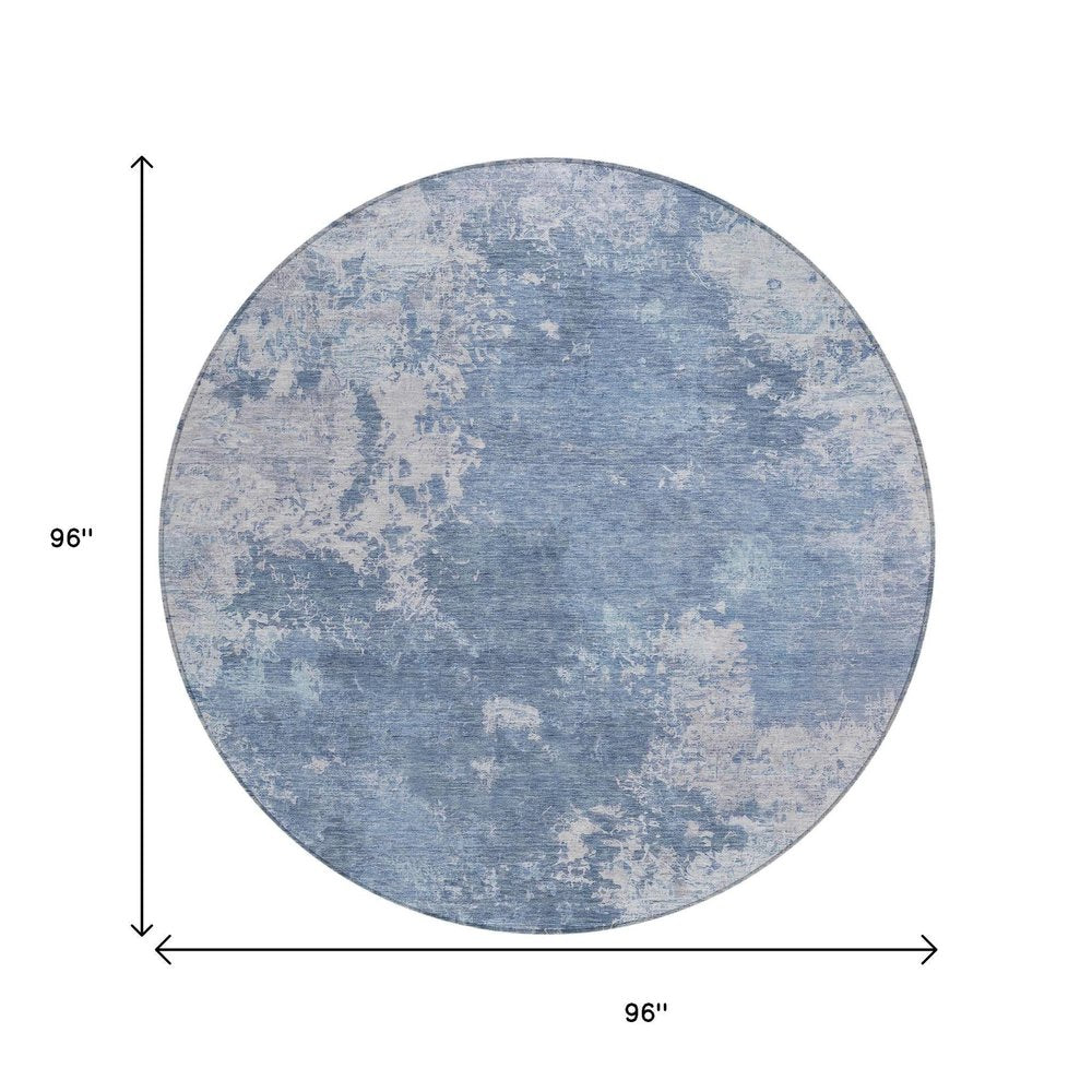 8' Blue And Ivory Round Abstract Washable Indoor Outdoor Area Rug