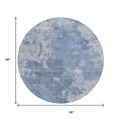 8' Blue And Ivory Round Abstract Washable Indoor Outdoor Area Rug