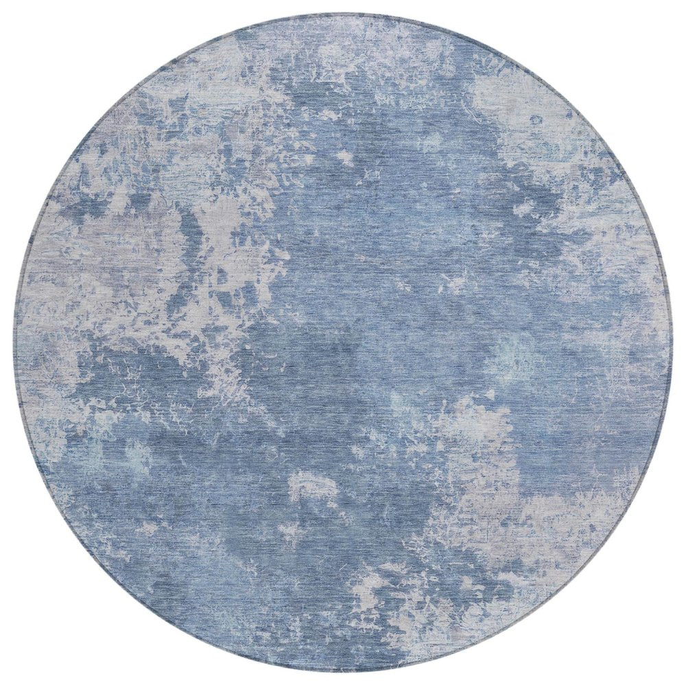 8' Blue And Ivory Round Abstract Washable Indoor Outdoor Area Rug