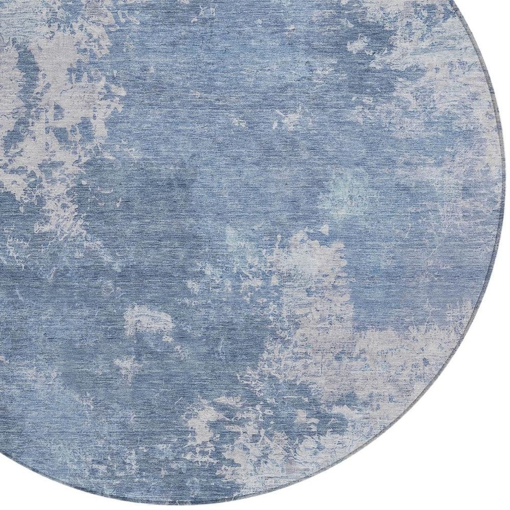 8' Blue And Ivory Round Abstract Washable Indoor Outdoor Area Rug