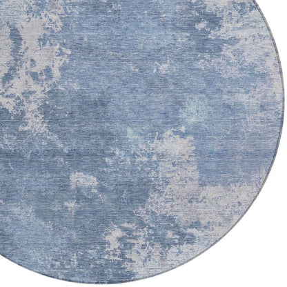 8' Blue And Ivory Round Abstract Washable Indoor Outdoor Area Rug