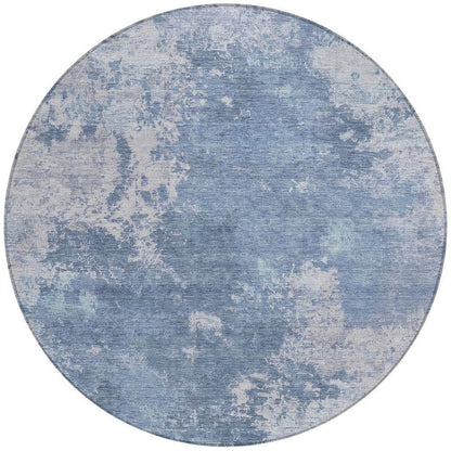8' Blue And Ivory Round Abstract Washable Indoor Outdoor Area Rug