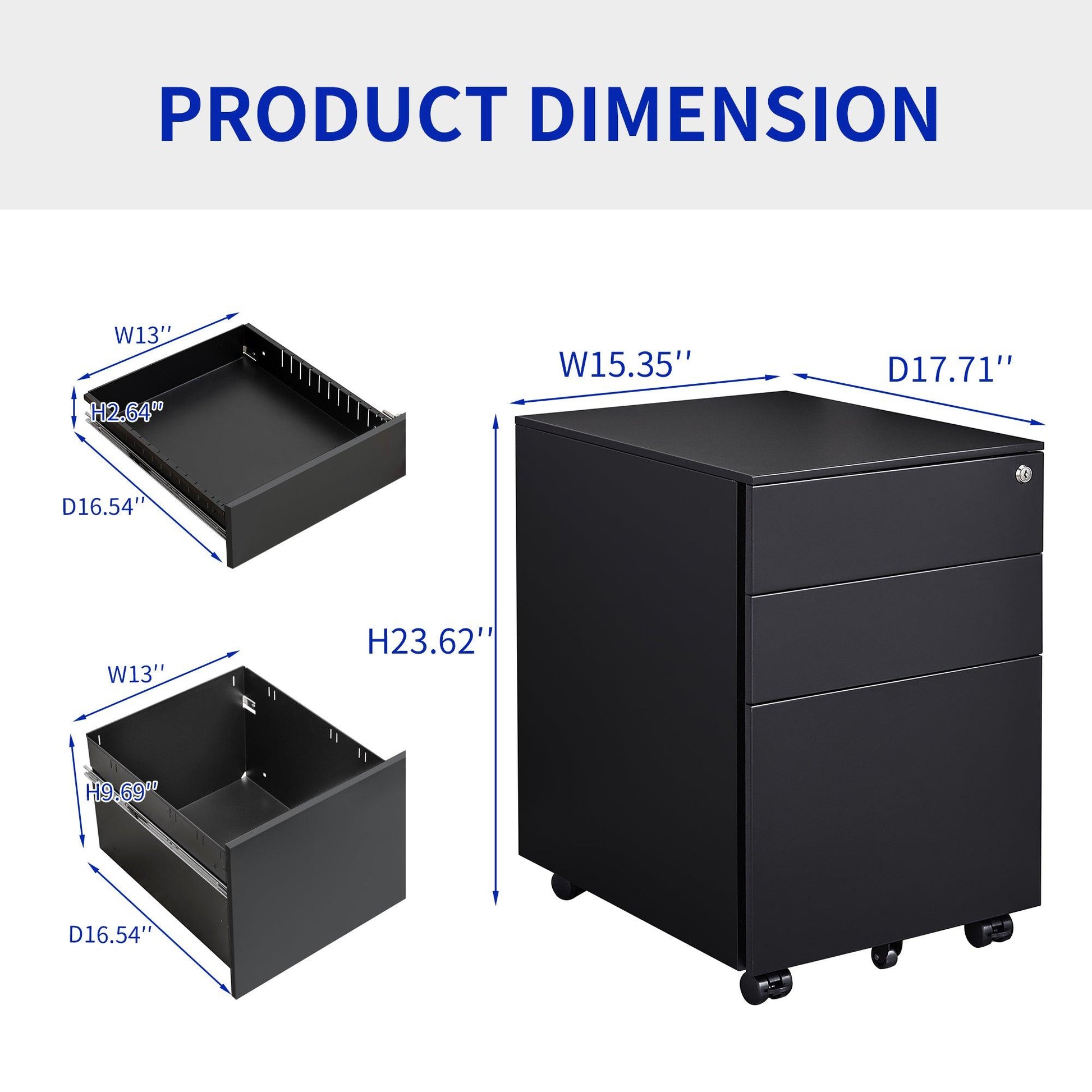 3 Drawer Mobile File Cabinet with Lock Steel File Cabinet for Legal/Letter/A4 - FurniFindUSA