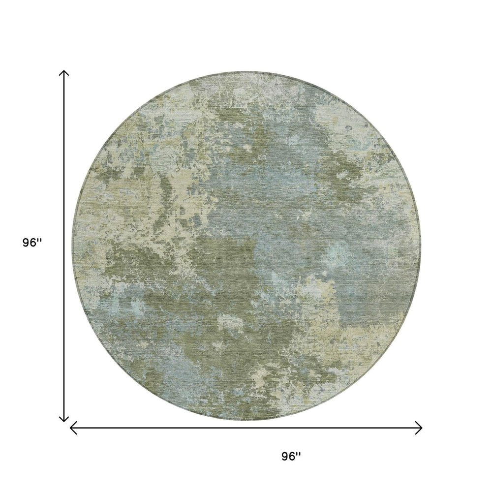 8' Fern Green And Beige Round Abstract Washable Indoor Outdoor Area Rug HomeRoots