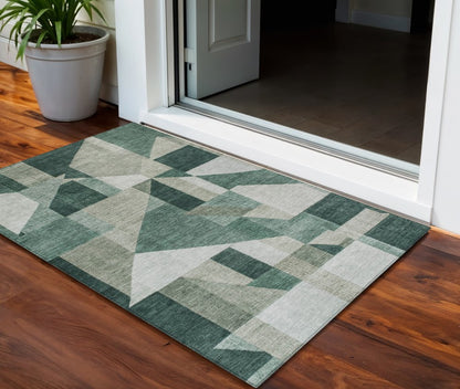 3' X 5' Sage And Ivory Geometric Washable Indoor Outdoor Area Rug HomeRoots