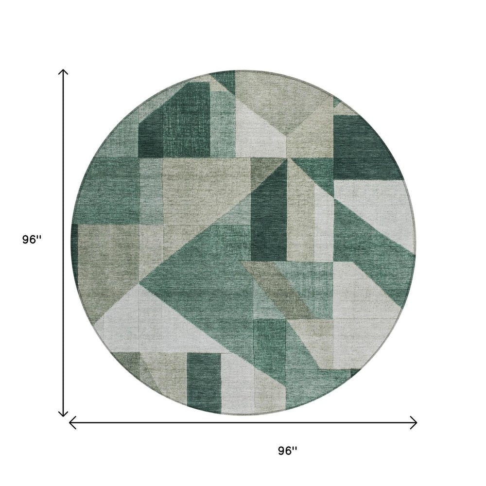 8' Sage And Ivory Round Geometric Washable Indoor Outdoor Area Rug HomeRoots