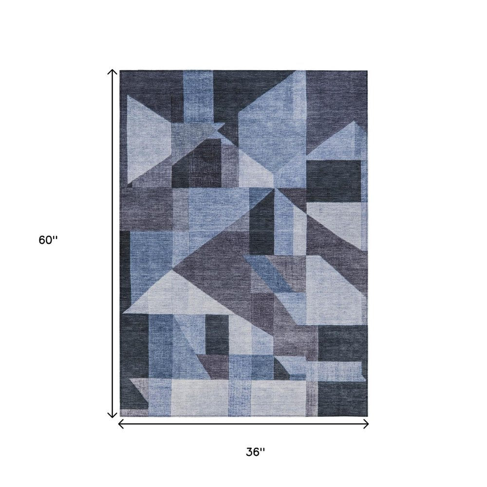 3' X 5' Blue And Ivory Geometric Washable Indoor Outdoor Area Rug HomeRoots