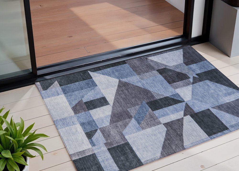 3' X 5' Blue And Ivory Geometric Washable Indoor Outdoor Area Rug HomeRoots