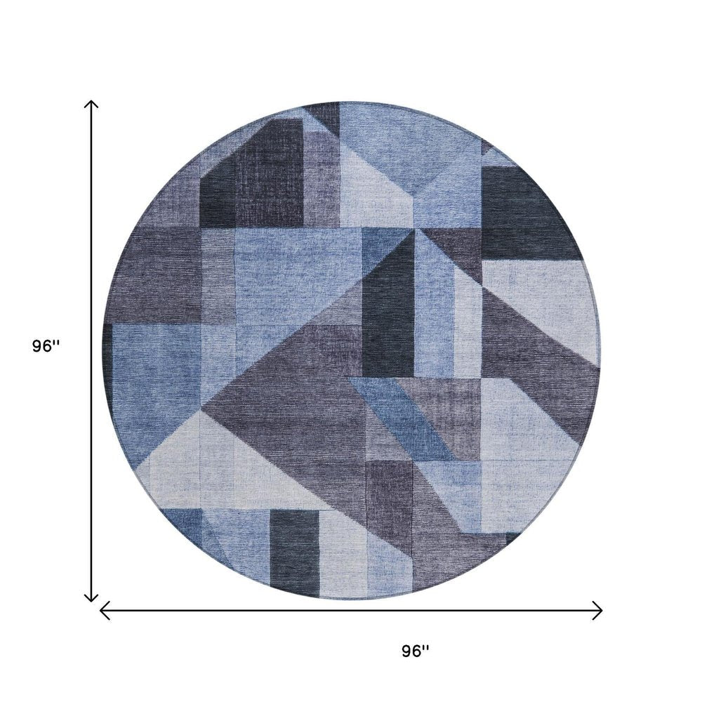 8' Blue And Ivory Round Geometric Washable Indoor Outdoor Area Rug HomeRoots