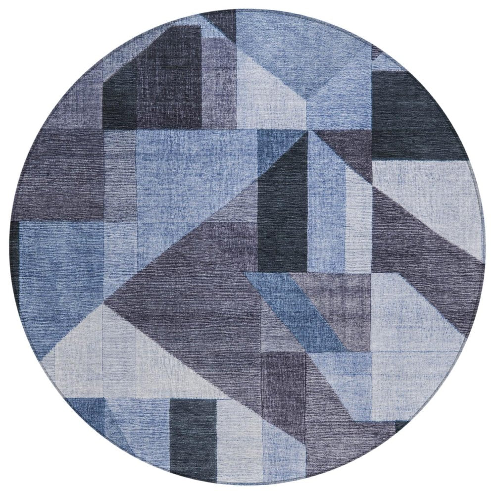 8' Blue And Ivory Round Geometric Washable Indoor Outdoor Area Rug HomeRoots
