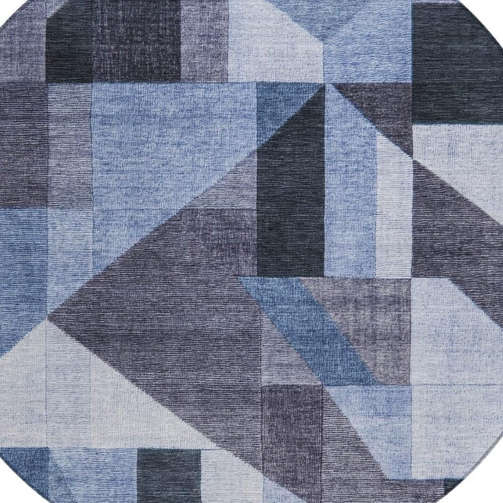 8' Blue And Ivory Round Geometric Washable Indoor Outdoor Area Rug HomeRoots