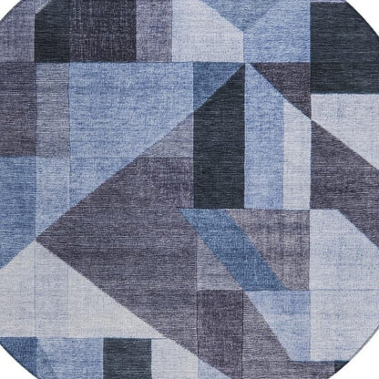 8' Blue And Ivory Round Geometric Washable Indoor Outdoor Area Rug HomeRoots