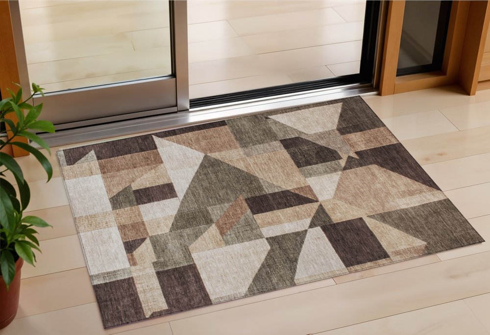 3' X 5' Brown And Beige Geometric Washable Indoor Outdoor Area Rug