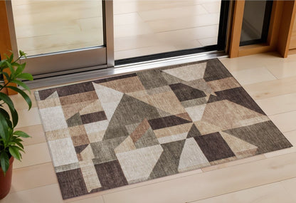 3' X 5' Brown And Beige Geometric Washable Indoor Outdoor Area Rug