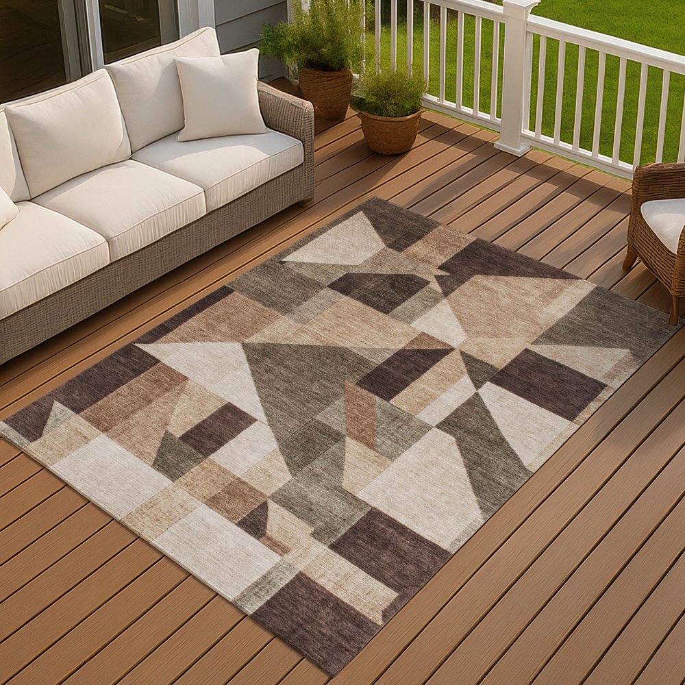 3' X 5' Brown And Beige Geometric Washable Indoor Outdoor Area Rug