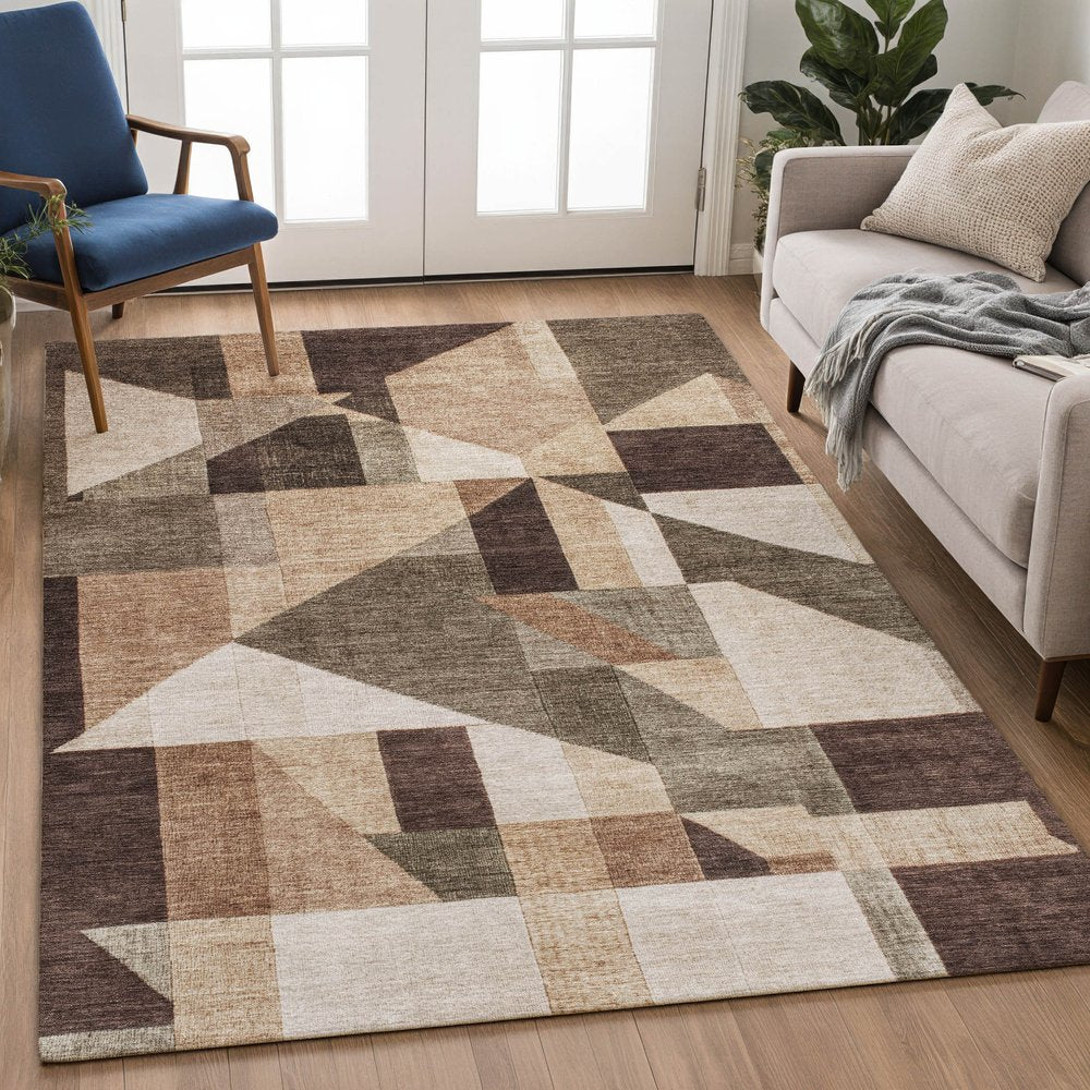 3' X 5' Brown And Beige Geometric Washable Indoor Outdoor Area Rug