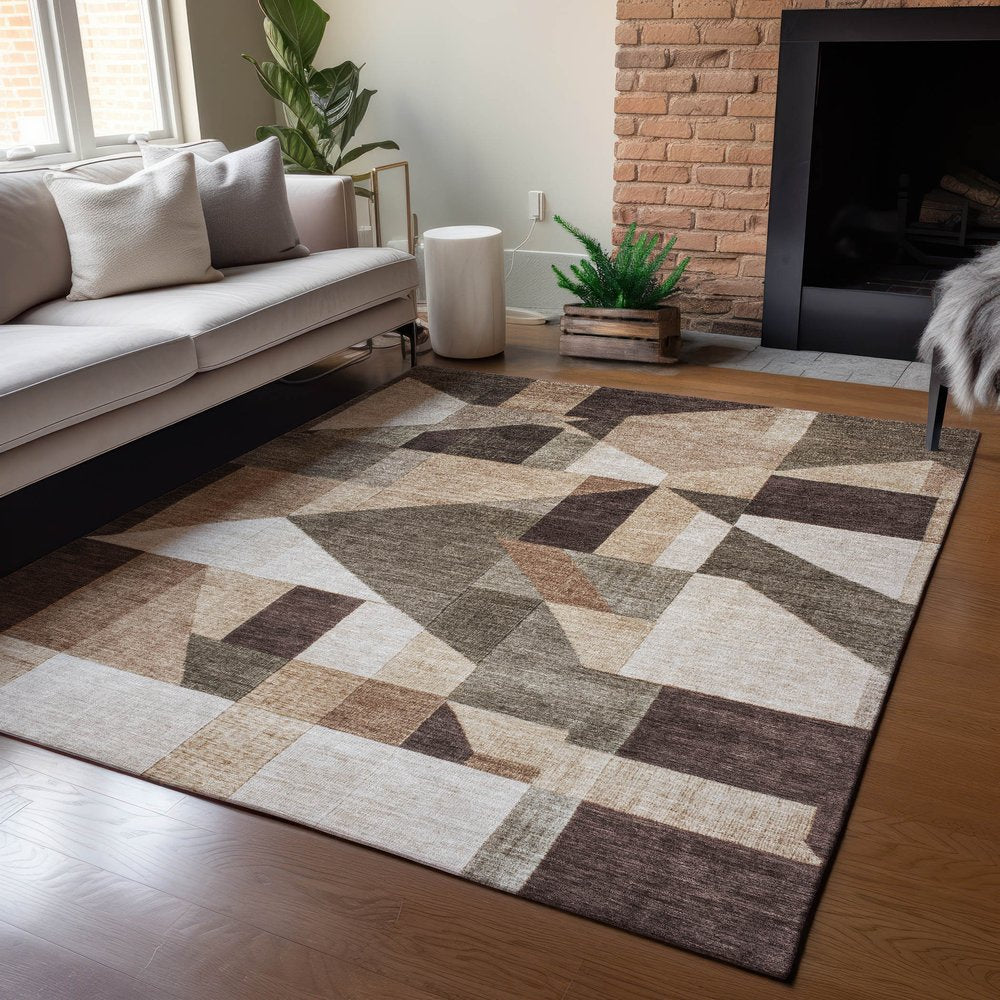 3' X 5' Brown And Beige Geometric Washable Indoor Outdoor Area Rug