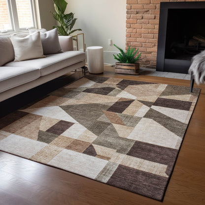 3' X 5' Brown And Beige Geometric Washable Indoor Outdoor Area Rug
