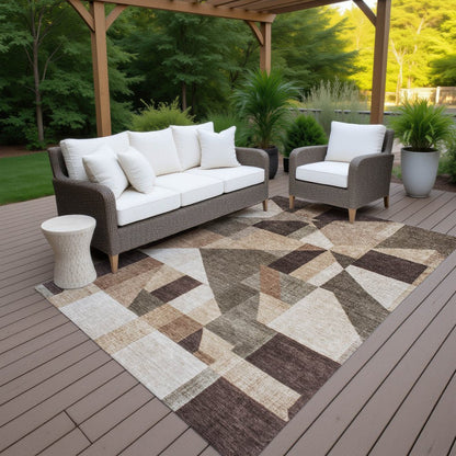 3' X 5' Brown And Beige Geometric Washable Indoor Outdoor Area Rug