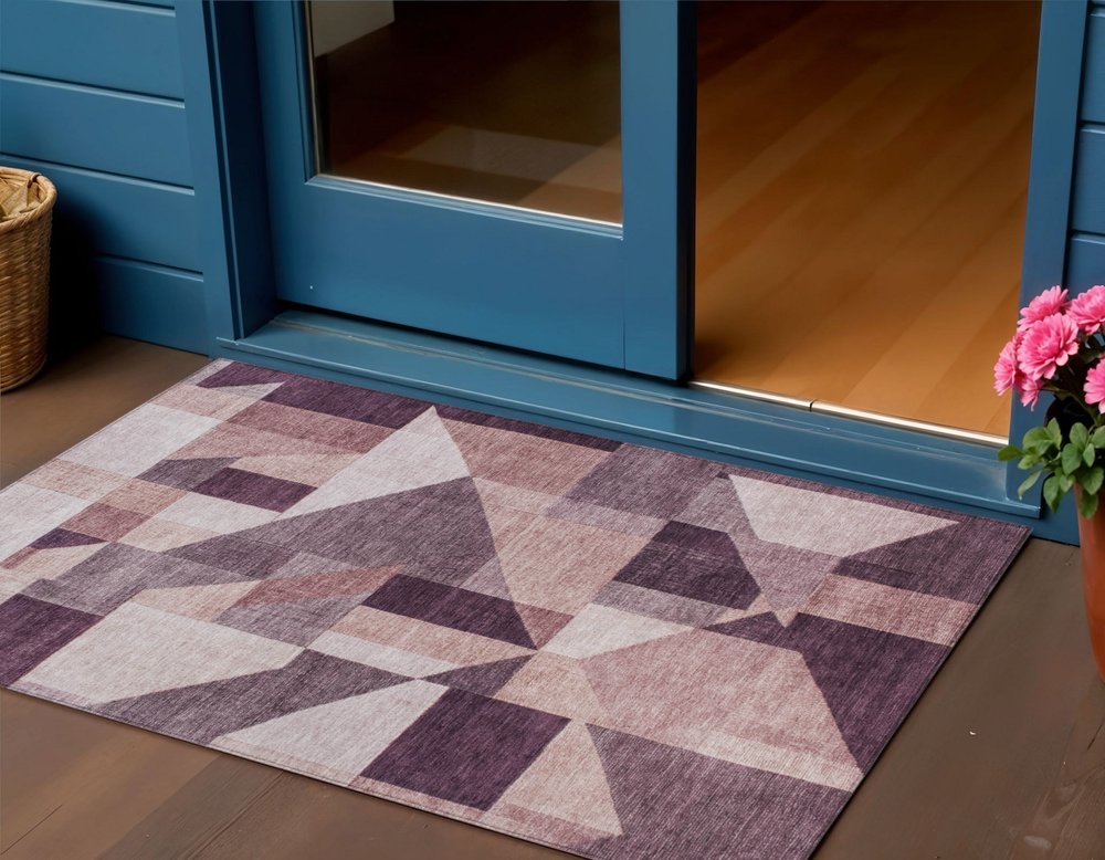 3' X 5' Eggplant And Ivory Geometric Washable Indoor Outdoor Area Rug HomeRoots
