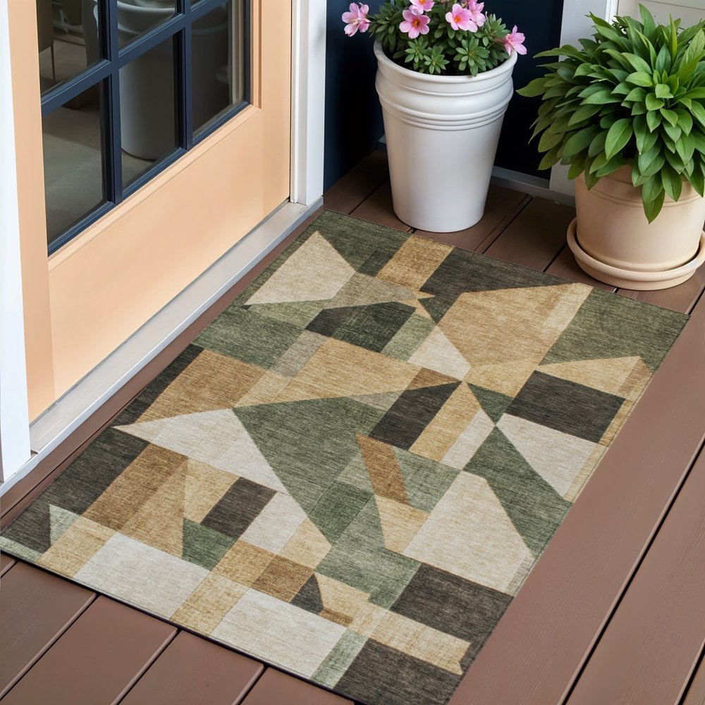 3' X 5' Fern Green Beige And Ivory Geometric Washable Indoor Outdoor Area Rug HomeRoots