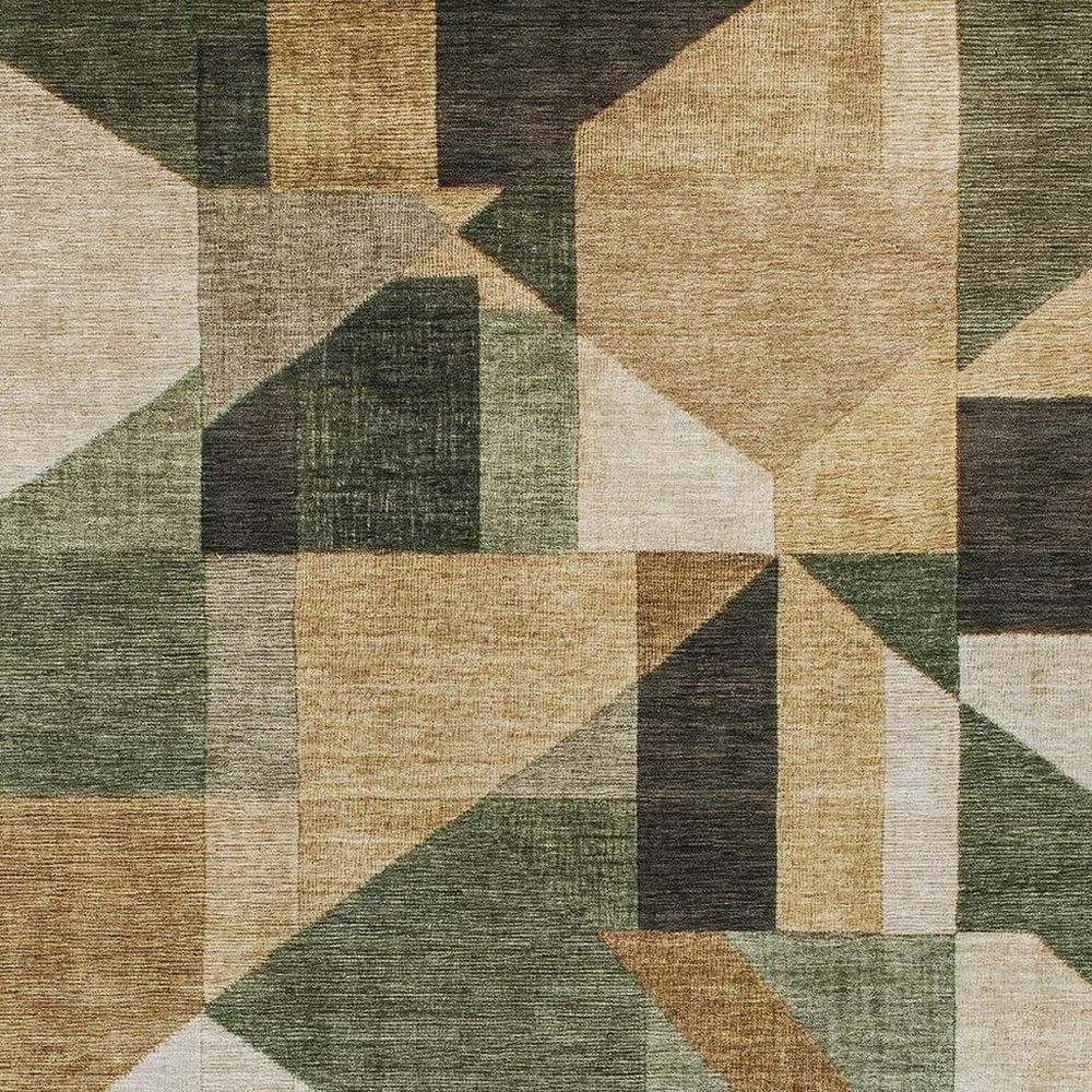 5' X 8' Fern Green Beige And Ivory Geometric Washable Indoor Outdoor Area Rug HomeRoots