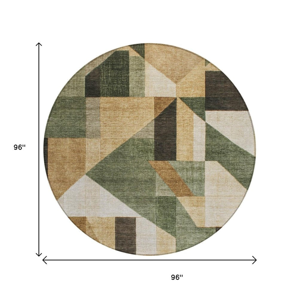 8' Fern Green Beige And Ivory Round Geometric Washable Indoor Outdoor Area Rug HomeRoots
