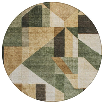 8' Fern Green Beige And Ivory Round Geometric Washable Indoor Outdoor Area Rug HomeRoots