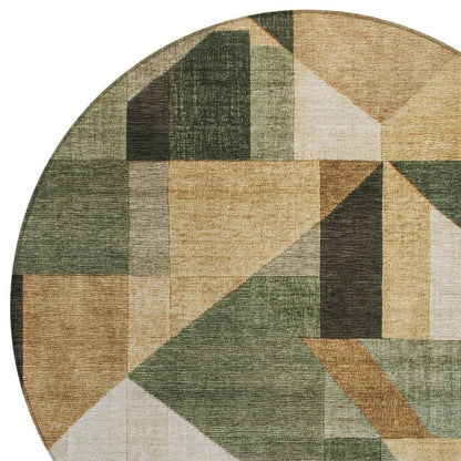8' Fern Green Beige And Ivory Round Geometric Washable Indoor Outdoor Area Rug HomeRoots