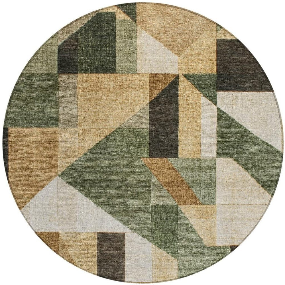 8' Fern Green Beige And Ivory Round Geometric Washable Indoor Outdoor Area Rug HomeRoots