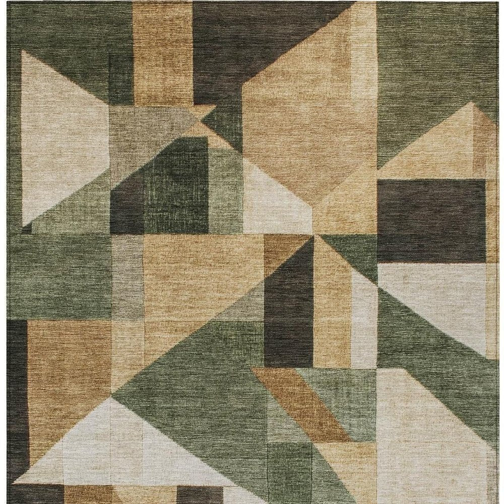 8' X 10' Fern Green Beige And Ivory Geometric Washable Indoor Outdoor Area Rug HomeRoots