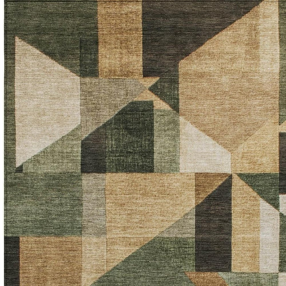 10' X 14' Fern Green Beige And Ivory Geometric Washable Indoor Outdoor Area Rug HomeRoots