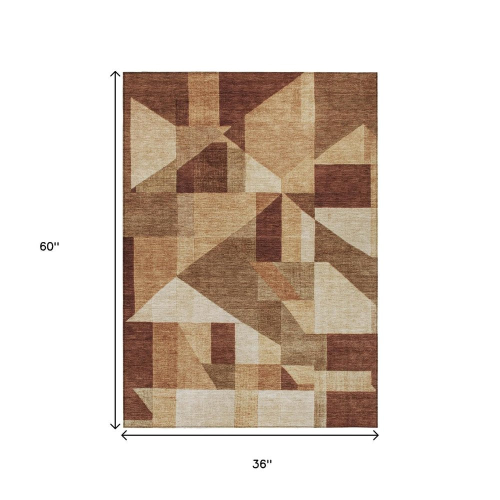 3' X 5' Rust And Beige Geometric Washable Indoor Outdoor Area Rug HomeRoots