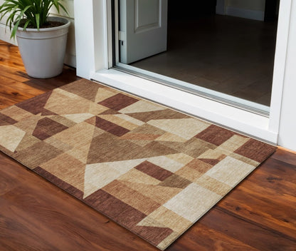 3' X 5' Rust And Beige Geometric Washable Indoor Outdoor Area Rug HomeRoots