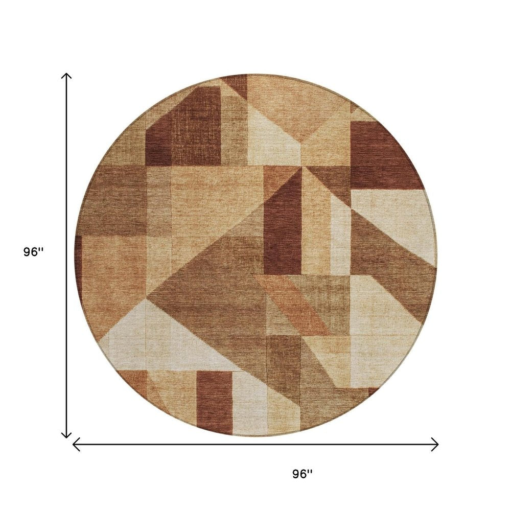 8' Rust And Beige Round Geometric Washable Indoor Outdoor Area Rug HomeRoots