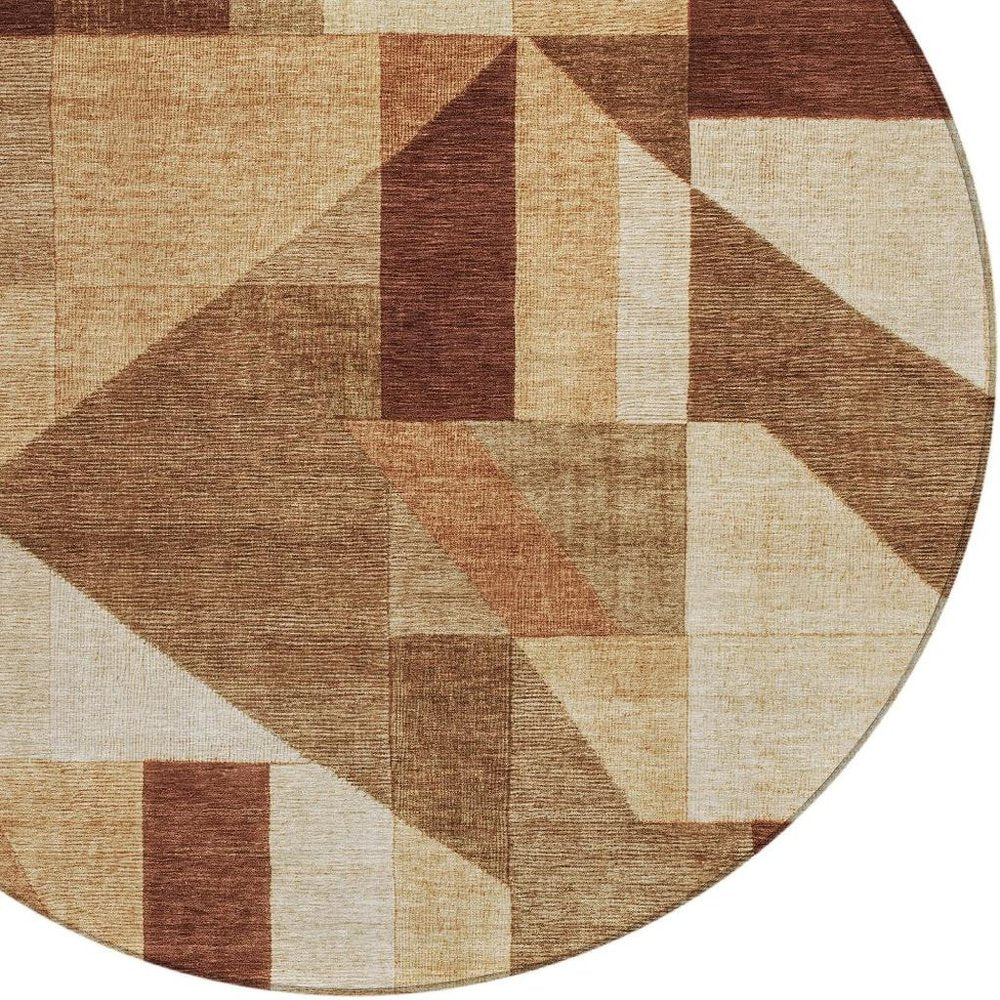 8' Rust And Beige Round Geometric Washable Indoor Outdoor Area Rug HomeRoots