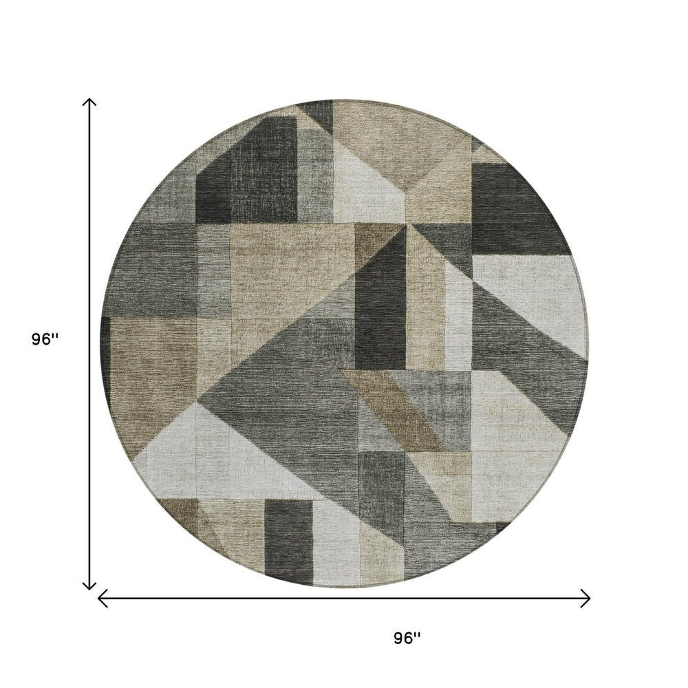 8' Pewter And Ivory Round Geometric Washable Indoor Outdoor Area Rug HomeRoots