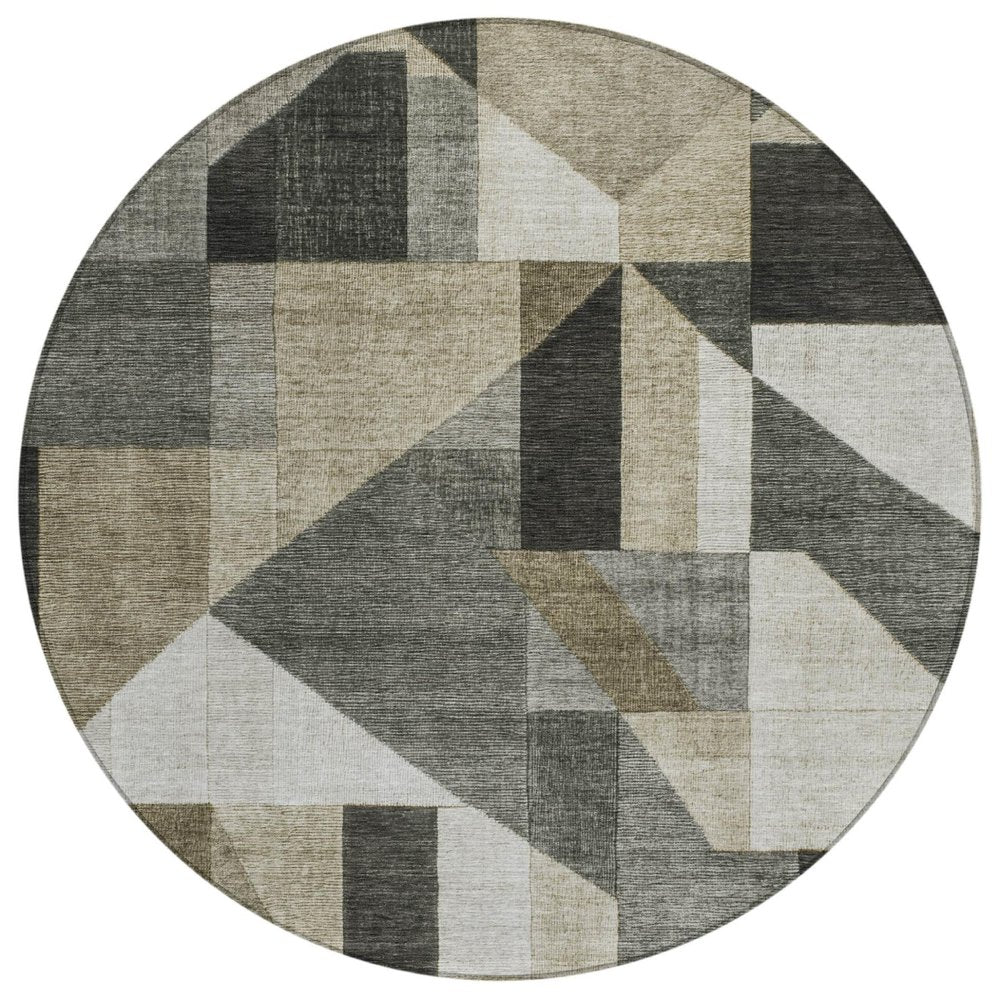 8' Pewter And Ivory Round Geometric Washable Indoor Outdoor Area Rug HomeRoots