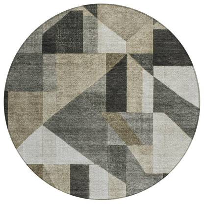 8' Pewter And Ivory Round Geometric Washable Indoor Outdoor Area Rug HomeRoots