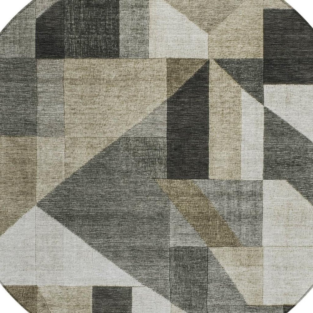 8' Pewter And Ivory Round Geometric Washable Indoor Outdoor Area Rug HomeRoots
