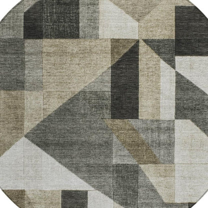 8' Pewter And Ivory Round Geometric Washable Indoor Outdoor Area Rug HomeRoots