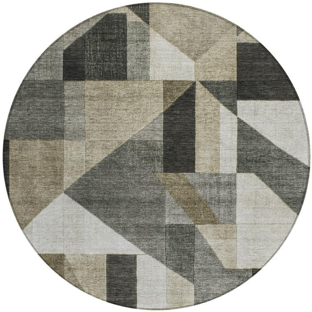 8' Pewter And Ivory Round Geometric Washable Indoor Outdoor Area Rug HomeRoots