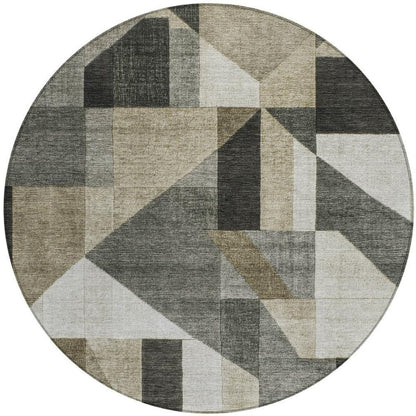 8' Pewter And Ivory Round Geometric Washable Indoor Outdoor Area Rug HomeRoots