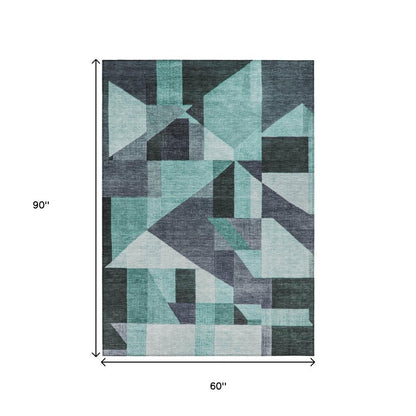 5' X 8' Teal Blue And Gray Geometric Washable Indoor Outdoor Area Rug HomeRoots