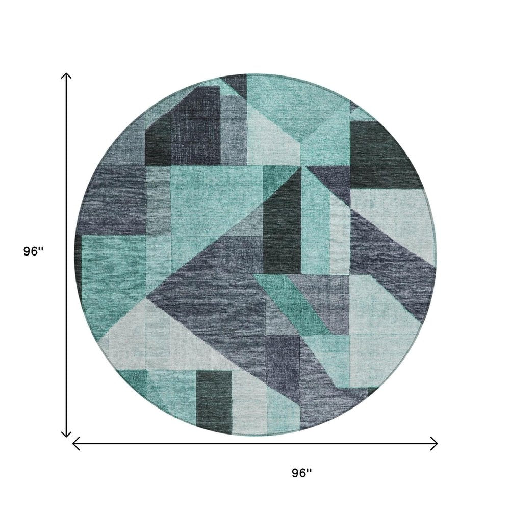 8' Teal Blue And Gray Round Geometric Washable Indoor Outdoor Area Rug HomeRoots
