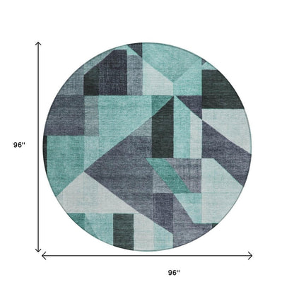 8' Teal Blue And Gray Round Geometric Washable Indoor Outdoor Area Rug HomeRoots
