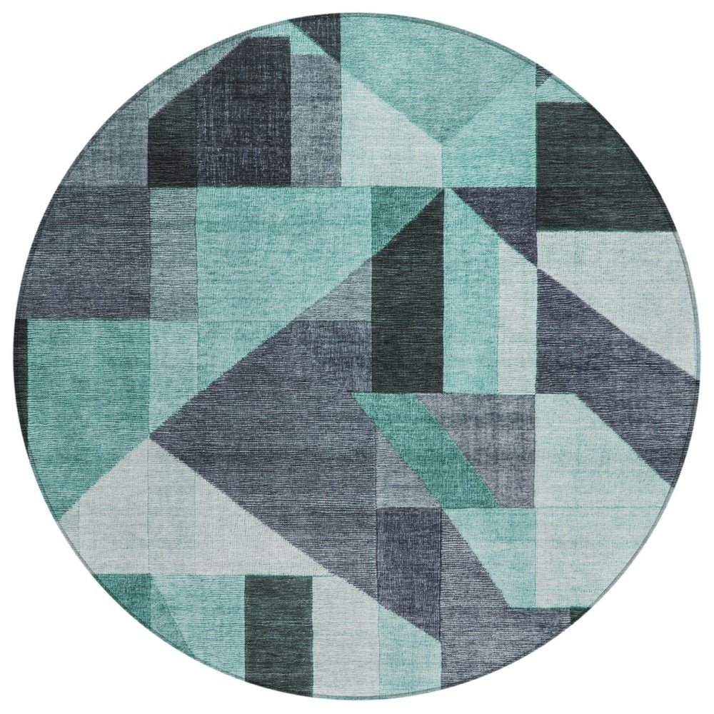 8' Teal Blue And Gray Round Geometric Washable Indoor Outdoor Area Rug HomeRoots