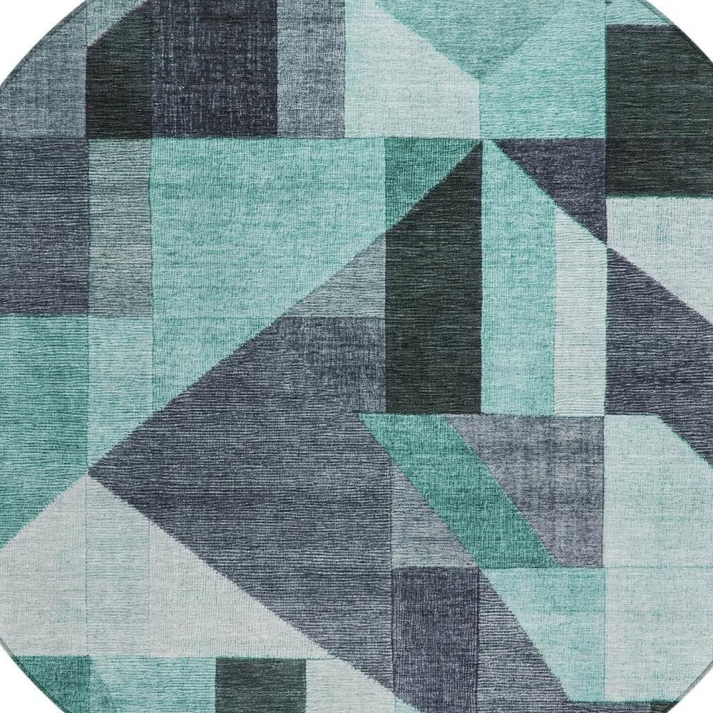 8' Teal Blue And Gray Round Geometric Washable Indoor Outdoor Area Rug HomeRoots